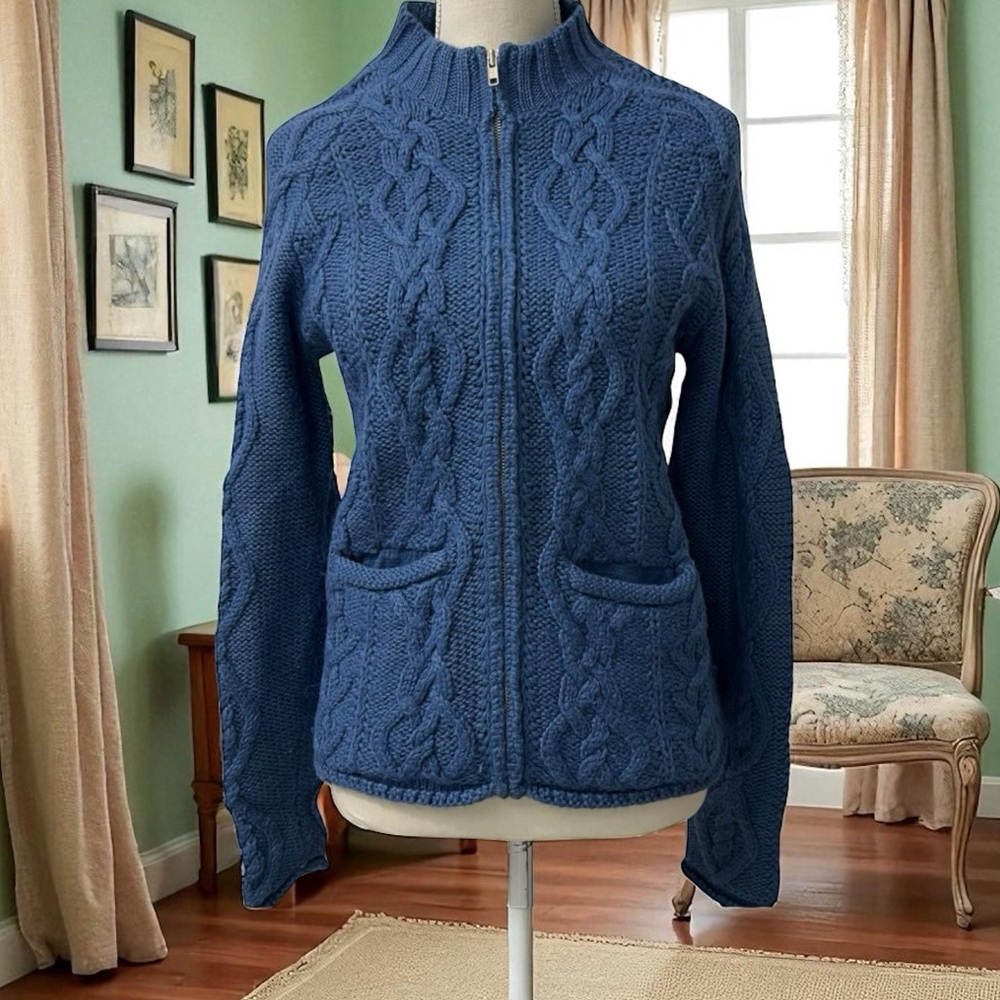 Moda Blue Wool Cable Knit Fisherman Sweater Full Zip Cardigan M‎
